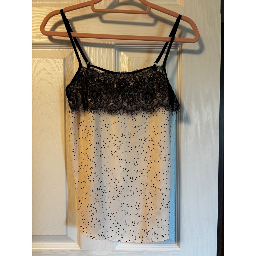 Lucky Brand Womens Star Print Lace Trim Cami Top Cream Black Celestial XS